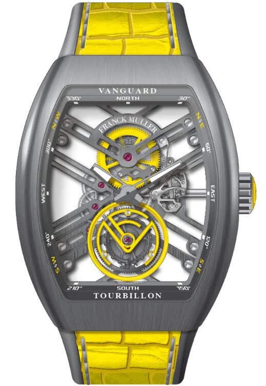 Best FRANCK MULLER Vanguard Tourbillon Skeleton Brushed Titanium - Yellow V 45 T SQT (JA) (BR TT) (TT.BLC JA) Replica Watch